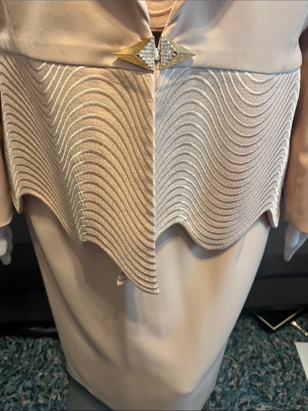 2pc Women's Gold Peplum Blazer with Decorative Clasp and Skirt - Picture 5 of 7
